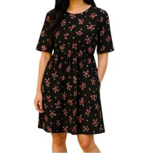 H&M Rose Floral Print Mini Dress Black Floral Elastic Waist 1/2 Sleeve 12
